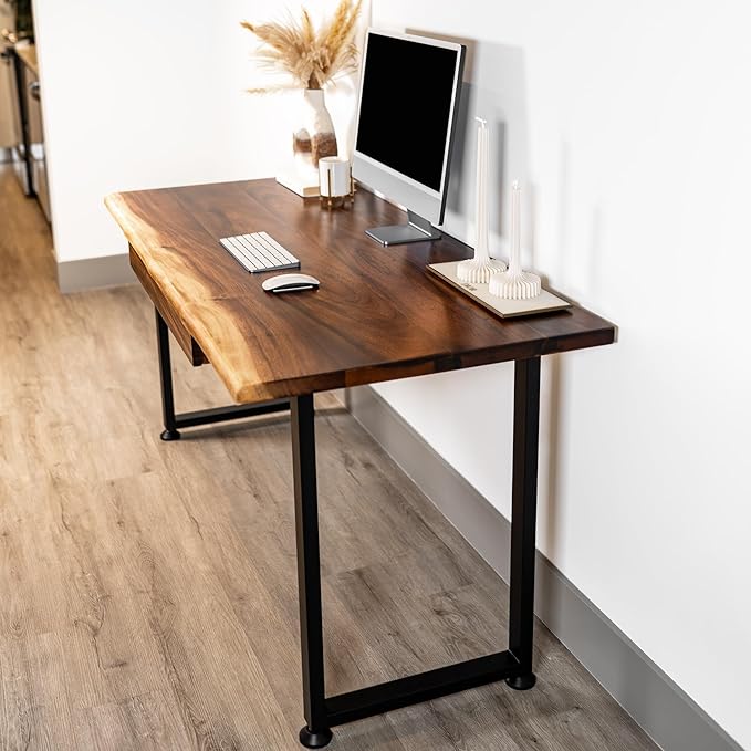 Solid Walnut Wood Computer Desk with Drawer– Live Edge Wooden Home Office Desks with Sturdy Metal Legs – Handmade Real Wood Table for Work, Study, or Gaming - 60” x 27”