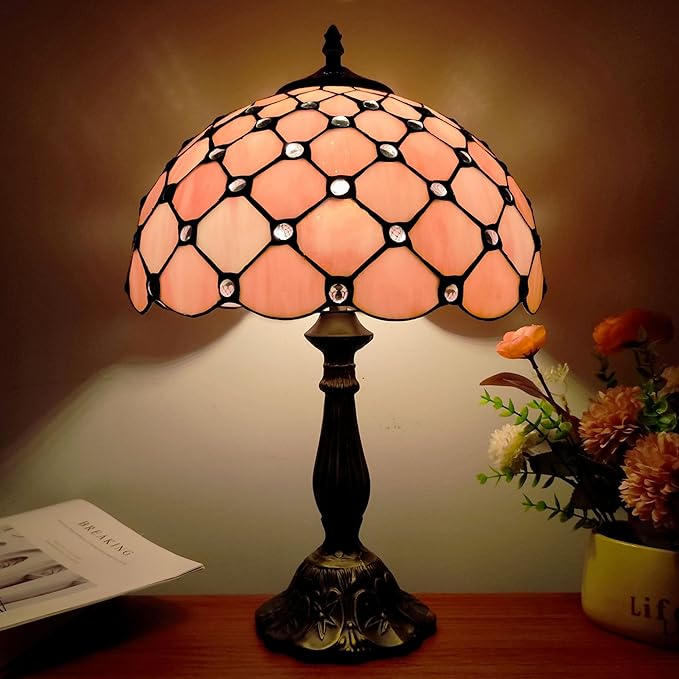 Tiffany Lamp Stained Glass Table Lamp Antique Bedside Desk Reading Light 3-Way Color LED Living Room Nightstand Light 12X12X19 Inches Home Office Desk Light Pink Pearls Style
