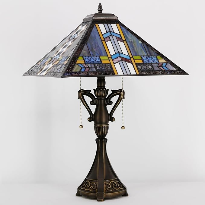Tiffany Table Lamp Stained Glass Blue Cloudy Mission Style Desk Reading Light 16X16X24 Inch for Bedroom Living Room Home Office