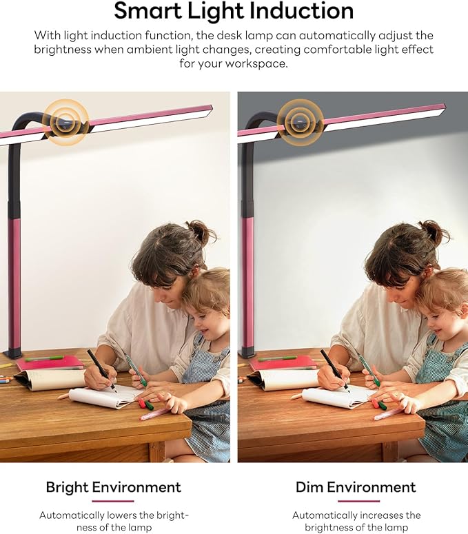 LED Desk Lamp for Home Office, Eye-Caring Desk Light with Clamp, Stepless Dimming 24W Double Head Architect Task Lamp with Remote Control, Flexible Gooseneck for Working Studying Reading Drafting(RED)