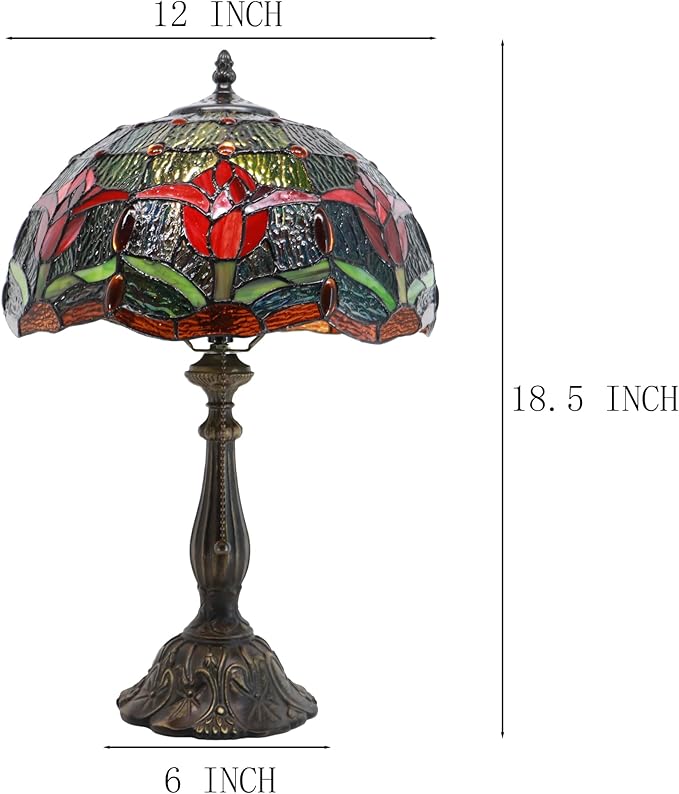 Tiffany Lamps Red Tulip Style Stained Glass Table Lamp Desk Bedside Reading Light 12X12X18.5 Inches with Bronze Resin Base Applicable to Bedroom Living Room Office