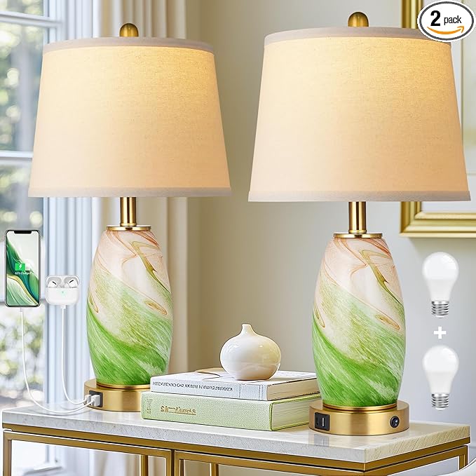 Green Lamps Set of 2 for Bedroom & Bedside with 3-Way Lighting Modes & USB C+A - Modern Style Glass Nightstand Table Lamps for Living Room & Bedroom Decoration (23.5" H)