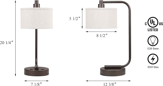 XiNBEi Lighting Table Lamp for Bedroom with USB Port, Modern Bedside Lamp with Linen Fabric Shade, Nightstand Light for Living Room Reading Office, Dark Bronze Finish XB-TL1226-DB