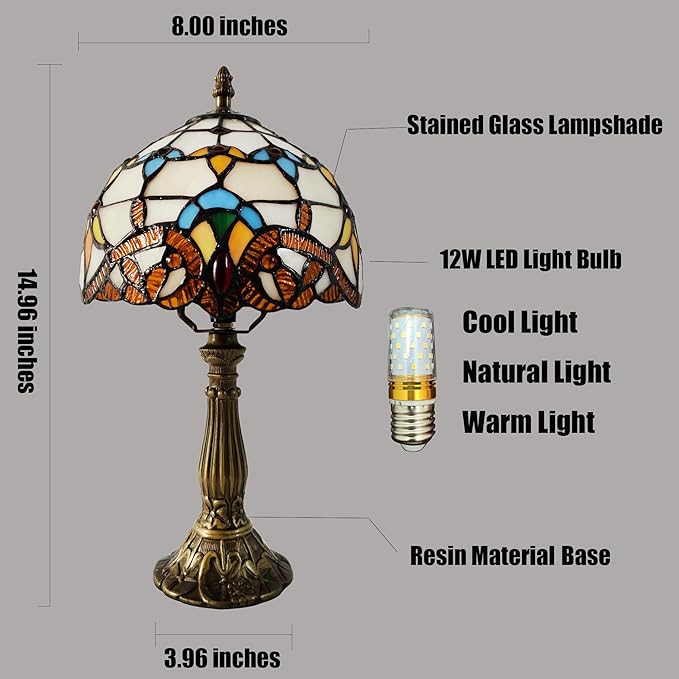 Small Tiffany Table Lamp 8 Inch Tiffany Style Desk Lamp Stained Glass Antique Light Decoration Bedroom Bedside Lamp Retro Reading Lamps (Beige Baroque Style)
