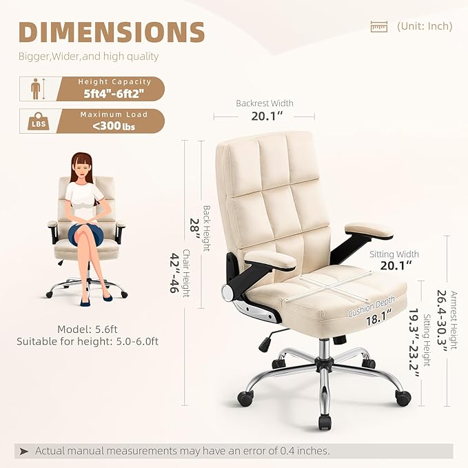 SEATZONE Executive Office Chair,Comfortable Soft Velvet High Back Computer Chair,Swivel Work Chair with Flip-up Armrests Adjustable,Beige