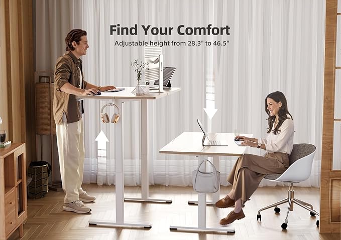 YDN Electric Standing Desk Adjustable Height, 55 x 24 Inches Stand up Desk with Cable Management, Home Office Desks with Splice Board & White Frame, Nature Top