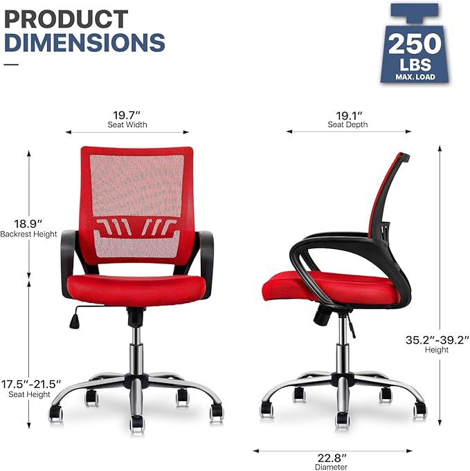MoNiBloom Mesh Office Home Chair, Mid Back Ergonomic Rolling Swivel Chair with Padded Seat and Armrest, 250 lbs Capacity, Red