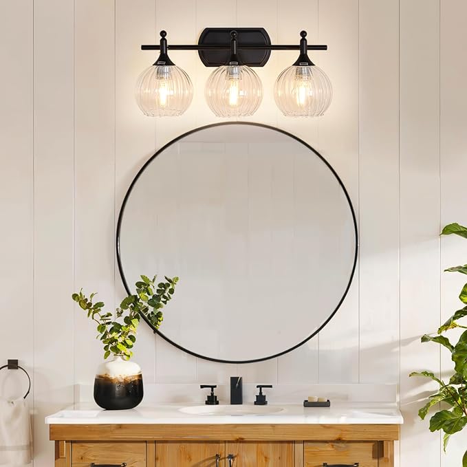 Matte Black Bathroom Vanity Light 3-Light Vanity Lights for Bathroom 10%-100% Dim(Night/Makeup Mode) Warm to Cool Light Switch Fog-Proof & Crystal Shade 20'' Wall Sconce