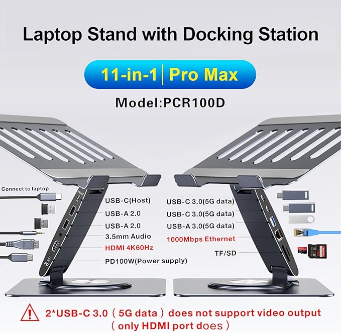 Laptop Docking Station for MacBook Pro/Air/Dell/HP/Surface HC 11-in-1 USB C Hub 360°Rotatable Laptop Stand with USB Hub 4K HDMI USB 3.0 PD100W 3.5mm Audio Jack RJ 45 TF/SD Reader Universal Laptop Dock