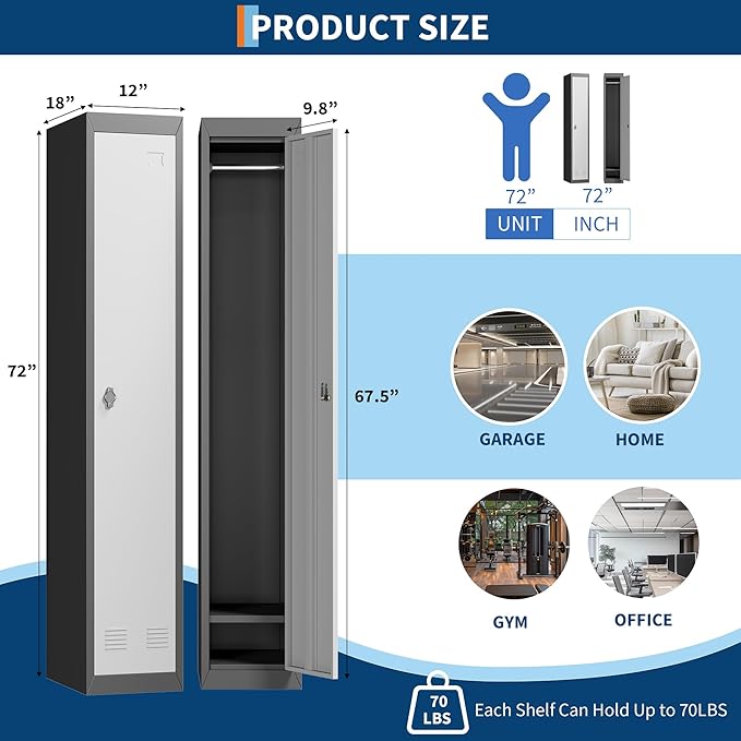 1 Door Tall Single Metal Locker, Metal Lockers for Employees with Keys, 72” Black Employee Storage Cabinet with Doors, Steel Storage Cabinets Lockable for School, Gym, Home, Office, Mudroom, Black