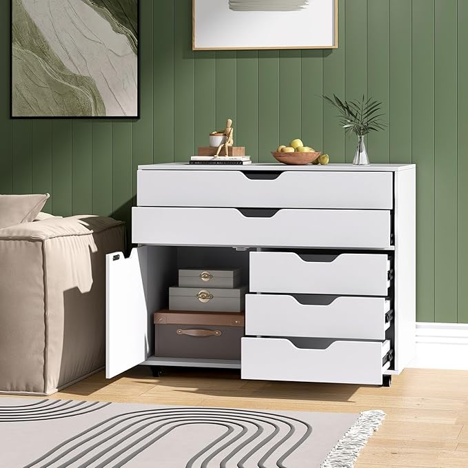 LOKO 5-Drawer File Cabinet, Mobile Chest of Drawers with Side Cabinet, Door Cabinet with 5 Casters, Rolling Lateral Filing Cabinet, Storage Cabinet Unit for Living Room, Study, Home Office