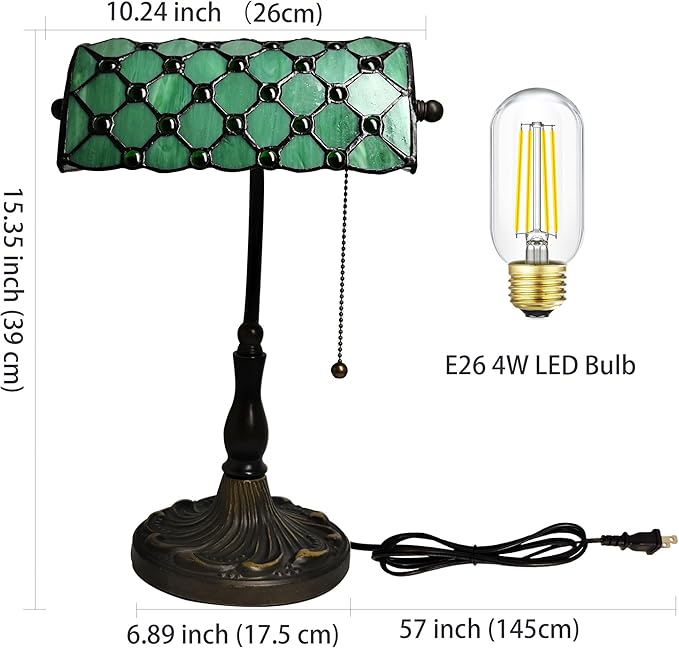 Small Tiffany Style Banker Table Lamp Small Stained Glass Piano Desk Lamp Vintage Bedside Lamp for Home Living Room Office (Green Pearls Style)