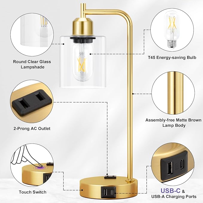 Innqoo Industrial Gold Table Lamp for Bedrooms Set of 2-3-Way Dimmable Desk Lamp with USB C+A Ports and Outlet, Gold Lamps with Clear Glass Shade for Living Room, Desk Lamps for Home Office