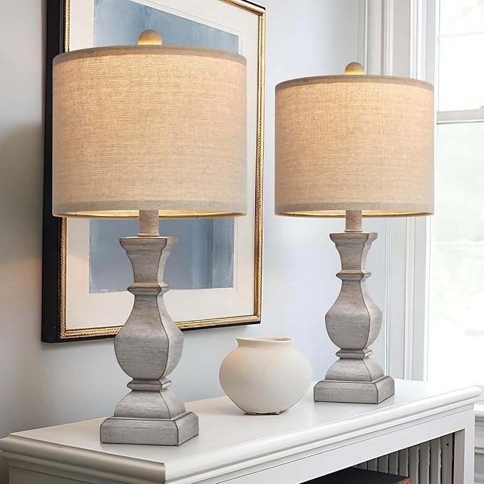 PoKat 20.5'' Table Lamps Set of 2, Vintage Bedside Lamps for Bedroom, Farmhouse Lamp for Living Room, Small Lamp for Nightstand, Retro Side Table Lamp, Grey