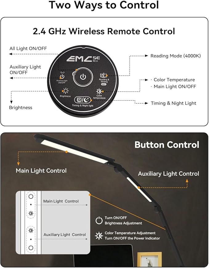 LED Desk Lamp with Clamp, Architect Desk Lamp with Remote, Flexible Swing Arm Desk Light with Dual LED Light, Stepless Dimming, 5 Color Mode & 4 Brightness for Sewing Painting Drafting Crafting