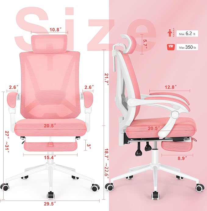 Misolant Ergonomic Office Chair with Footrest, Pink Desk Chair with Adjustable 2D Lumbar Support, High Back Mesh Ergonomic Office Chairs with Adjustable Headrest and Linkage Armrest
