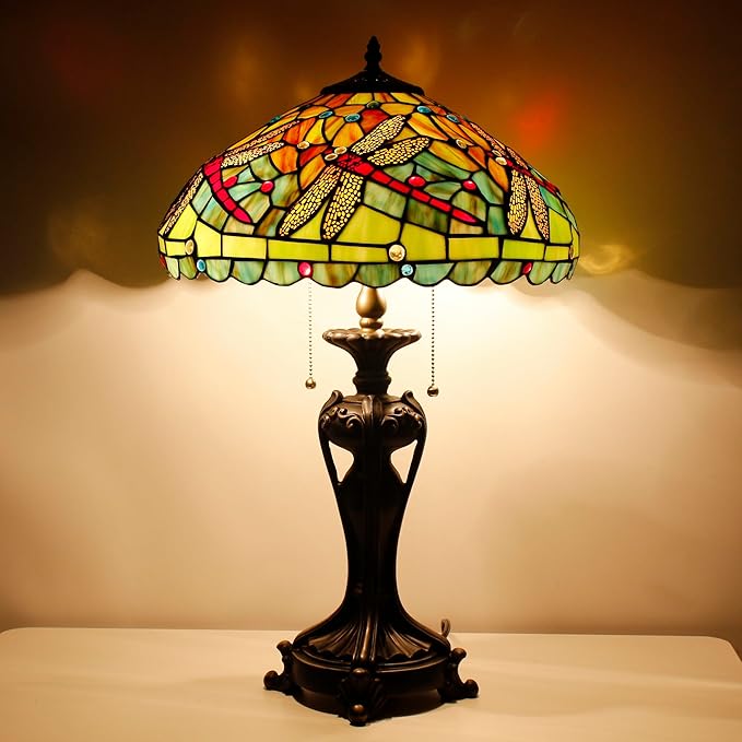 Tiffany Stained Glass Table Lamp 16X16X24 Inch Green Red Dragonfly Style Desk Bedroom Living Room Antique Reading Light (Green Red Dragonfly)