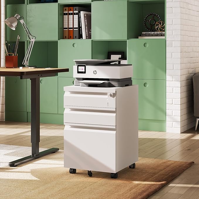 DEVAISE 3-Drawer File Cabinet with Lock & Wheels, White Metal Filing Cabinet for Home Office, Under Desk Storage, Mobile Vertical Organizer Fits Letter/A4 (17" D x15 W x24 H)