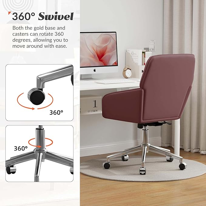 YISHENG Velvet Office Desk Chair with Silver Base, with Wheels,Modern Height Adjustable 360 Degree Swivel Upholstered Vanity Chairs with Arms for Living Room Bedroom,Rose