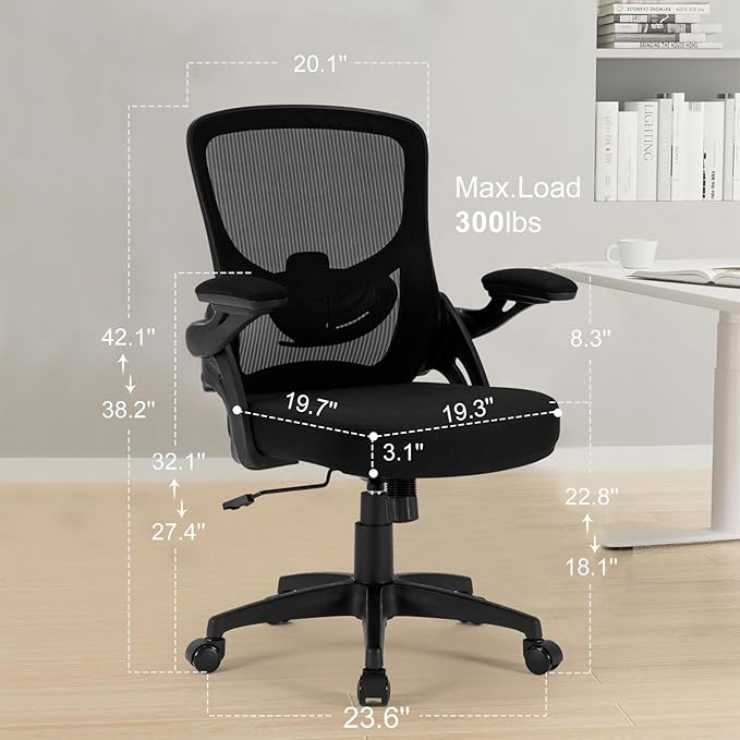Office Chair Ergonomic, Comfy Desk Chair with Flip up Arms, Mesh Computer Chair with Adjustable Lumbar Support, Home Office Chairs 300 Lbs Capacity