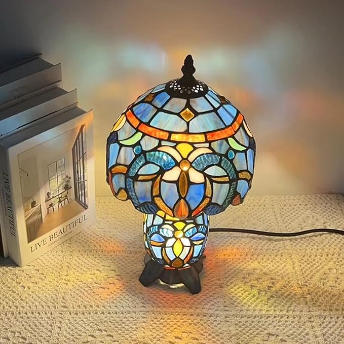 Small Tiffany Lamp Stained Glass Table Lamp Mini Mother Daughter Vase Desk Accent Night Light for Bedroom Bedside Reading Home Antique Style 8X14 Inches (Blue Purple)