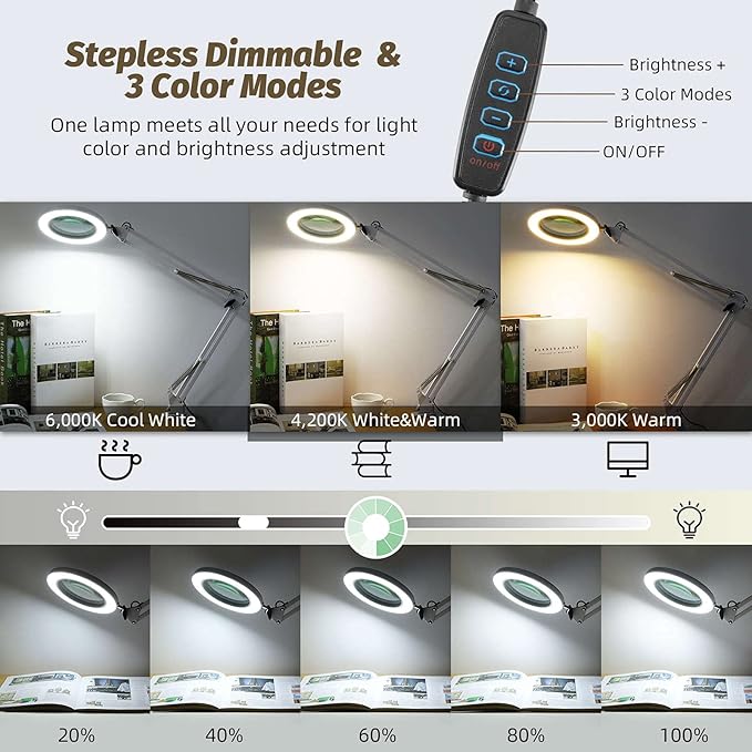 LANCOSC Magnifying Glass with Light and Stand, 5 Inches 10X Real Glass Lens, 3 Color Modes Stepless Dimmable LED Desk Lamp, Adjustable Arm Magnifier Light for Reading Repair Crafts Close Work - White