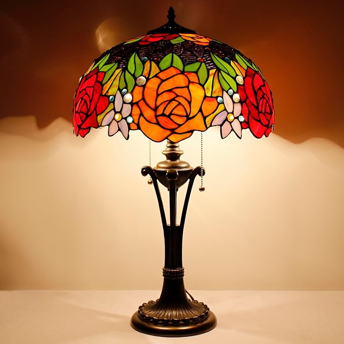 Tiffany Table Lamp Red Yellow Rose Stained Glass Desk Lamp 16X16X24 Inches Reading Light