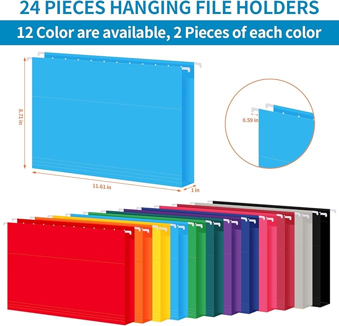 24 Pack Hanging File Folders, Letter Size with 1/5-Cut Adjustable Tabs, 12 Selected Color - File Folder Organizer for Filing Cabinet Office Home, Designed for Bulky Files, Medical Charts