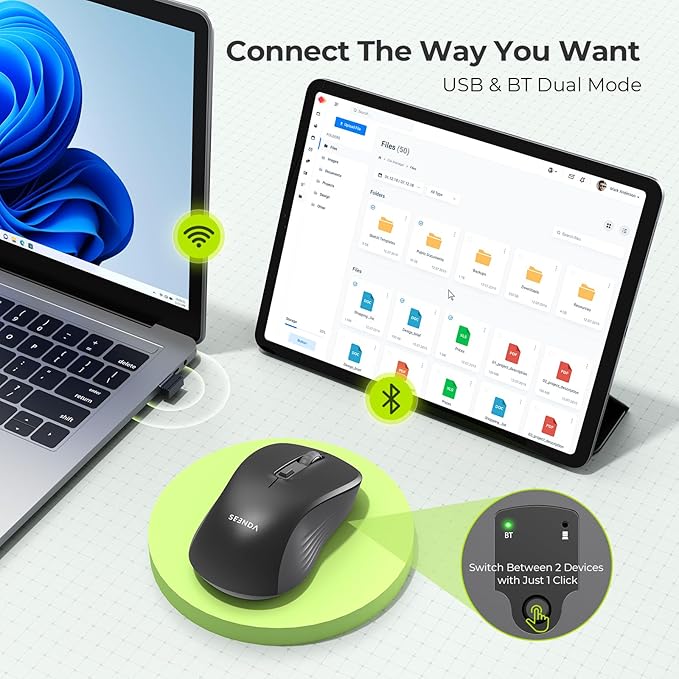 seenda Wireless Mouse, Bluetooth & 2.4G USB Dual Mode for Laptops & Computers - Mac & Windows Compatible - Black