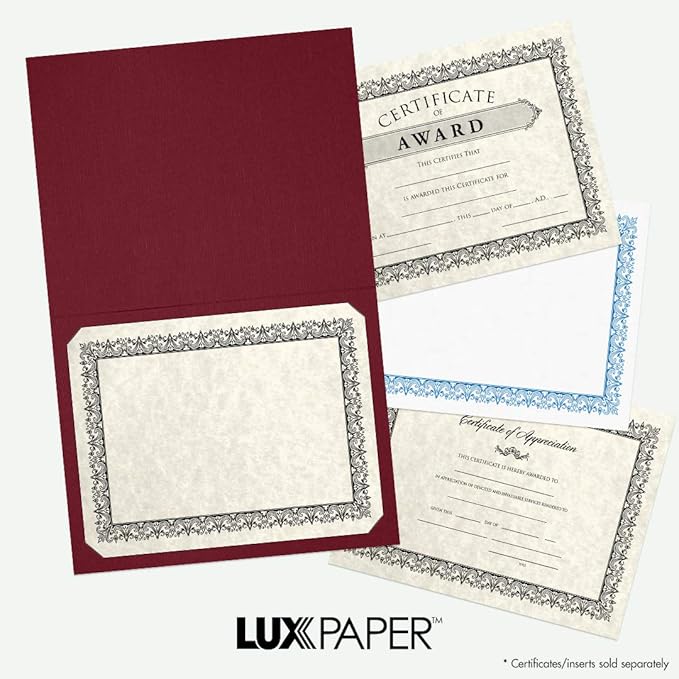 LUXPaper 9.5" x 12" Certificate Holders | Burgundy Linen | 100lb. Cover | 25 Qty