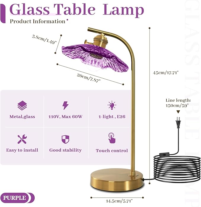 Mid Century Modern Table Lamp Gold Table Lamps Side Table Lamp with Glass Flower Shade Vintage Nightstand Lamp Purple Desk Lamp Touch Bedside Lamp for Bedroom Nightstand Living Room End Table