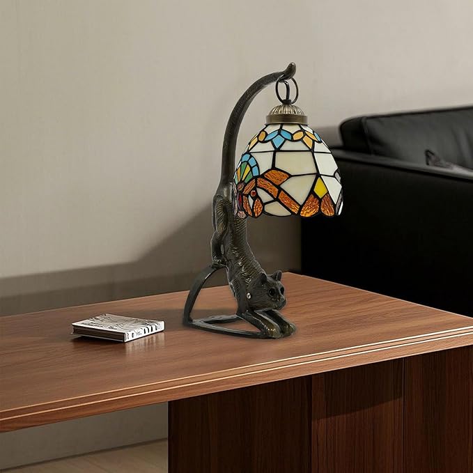 Tiffany Style Table Lamp, Stained Glass Bedside Nightstand Lamps with Cat Base, Vintage Antique Small Desk Light for Bedroom Living Room Home Office Reading Decoration, 5.9x15.74in (Style 1)
