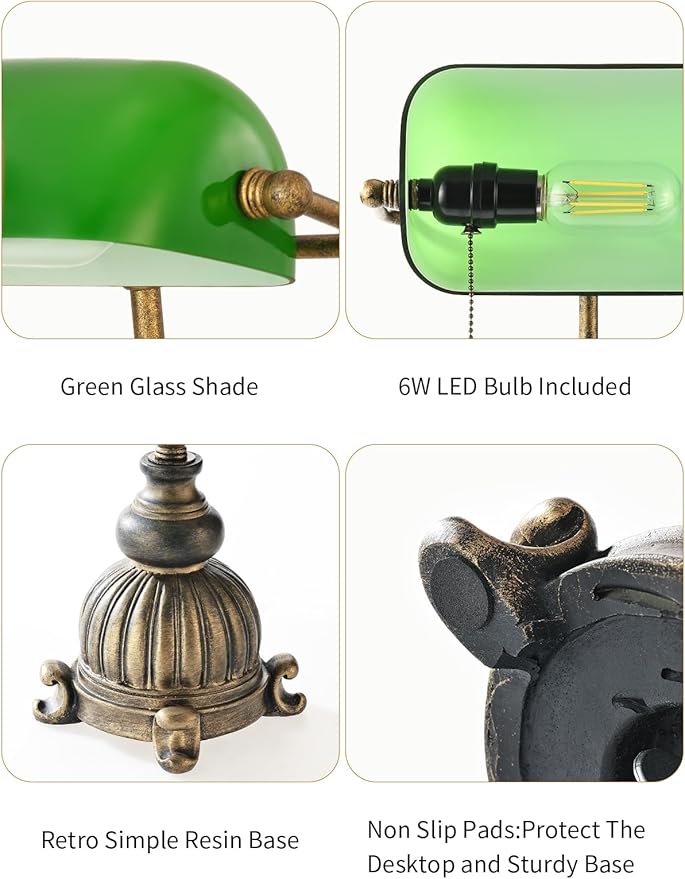 Newrays Retro Green Glass Bankers Desk Lamp for Home Office,Library with Pull Chain Switch Plug in Fixture, LED Bulb Included