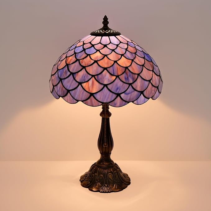 Tiffany Style Table Lamp Vintage Stained Glass Desk Lamp Deep Blue Purple Fish Scales Bedside Reading Light Decor Bedroom Living Room Home Office D12 xH18
