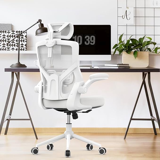 Home Office Chair, Ergonomic Comfy Desk Chair, High Back Computer Chair- Adjustable Headrest with Flip-Up Arms, Lumbar Support, Swivel Executive Task Chair (Modern, White)
