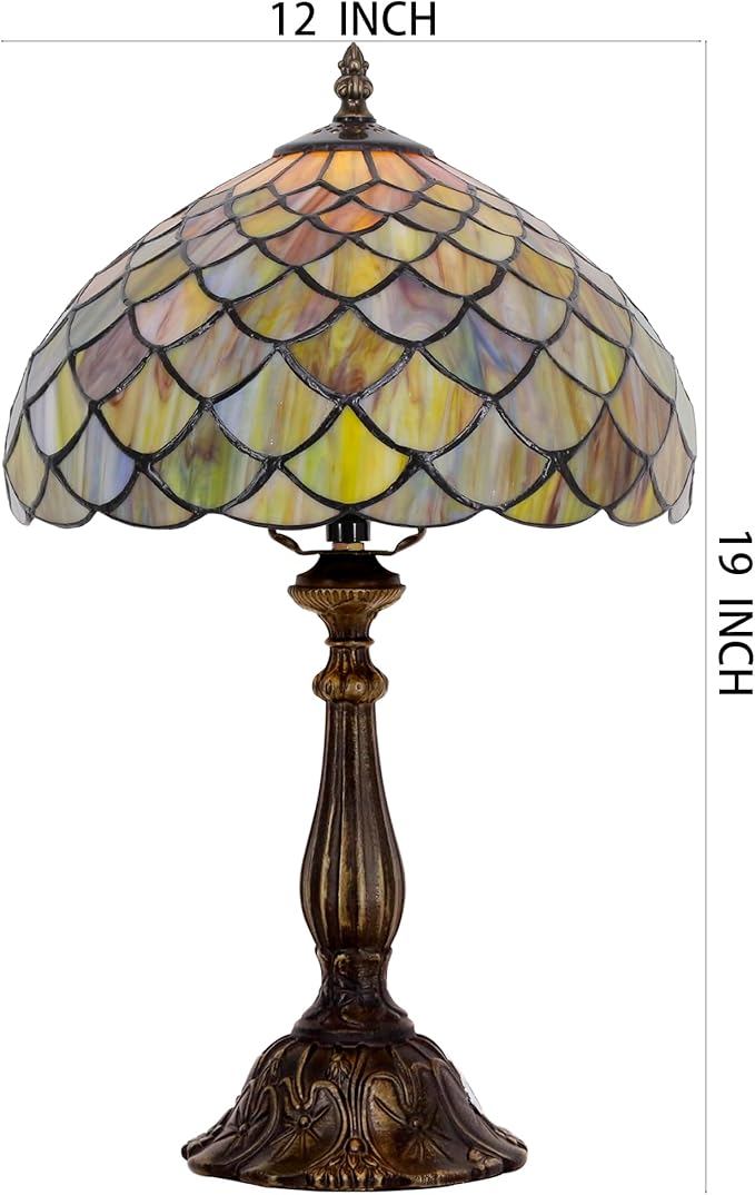 Tiffany Lamp Touch Control Table Lamp Yellow Green Stained Glass Desk Lamp 12X12X19 Inches Fish Scales Style Reading Light