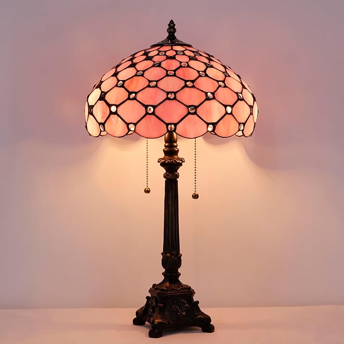 Tiffany Table Lamp Pink Bead Style Stained Glass Desk Lamp 12X12X21 Inches Reading Light