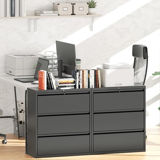 Greenvelly Lateral File Cabinet with Lock,3 Drawer Metal Filing Cabinet for Home Office, Black Steel Lateral File Drawers, Wide Office File Cabinet with Hanging Bars for A4 Legal/Letter Size