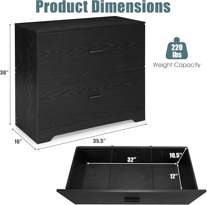 Giantex Office File Cabinet 2 Drawer - Lateral Filing Cabinet w/Anti-Toppling Device, Hanging Bars, Home Office Furniture for Hanging File Folders A4/Letter/Legal Size, File Storage Cabinet (Black)