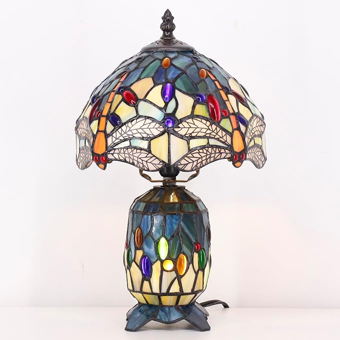 Small Tiffany Lamp Stained Glass Table Lamp Mini Mother Daughter Vase Desk Accent Night Light for Bedroom Bedside Reading Home Antique Style 8X14 Inches (Sea Blue Yellow)