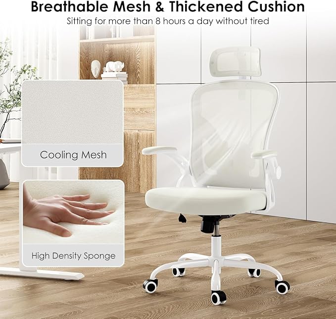 Farini Ergonomic Office Chair, Home Office Desk Chair with Headrest, High Back Computer Chair with Armrests and Adjustable Lumbar Support for Home Office Study Room, White & Beige
