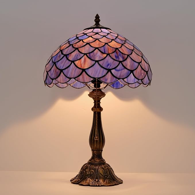 Tiffany Style Table Lamp Vintage Stained Glass Desk Lamp Deep Blue Purple Fish Scales Bedside Reading Light Decor Bedroom Living Room Home Office D12 xH18
