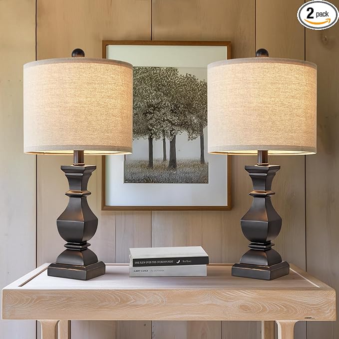 PoKat 20.5" Mid Century Table Lamp Sets of 2 for Living Room Retro Style Farmhouse Table Lamp for Bedroom Classic Beige Resin Bedside Night Light Lamps, Suitable for Small Place