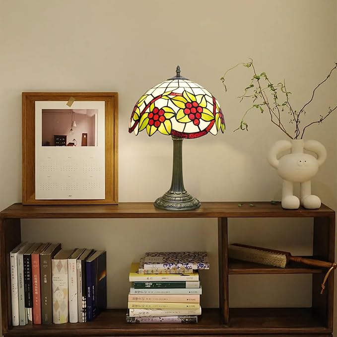 Tiffany Lamp Stained Glass Table Lamp 12 Inch Green Leaves Red Grapes Retro Art Nouveau Bedside Lamp for Living Room Bedroom Study Office Coffee Shop Cafe Home Decor Vintage Tiffany Style Lamp Gift