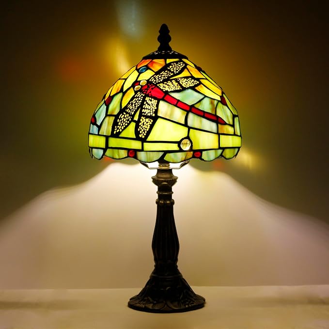 Tiffany Lamp Touch Control Table Lamp Green Red Stained Glass Desk Lamp 8X8X14.5 Inches Dragonfly Style Reading Light