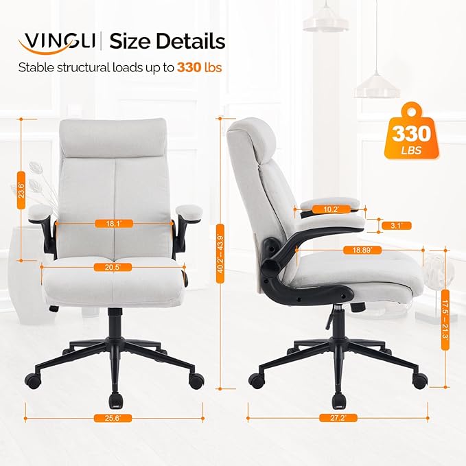 VINGLI Rolling Ergonomic Office Desk Chair with Padded Flip-up Arms, 360° Swivel High Back Executive Computer Chair with Wheels for Game,Home Small Space, Study Room, Reading Room, Linen Light Grey