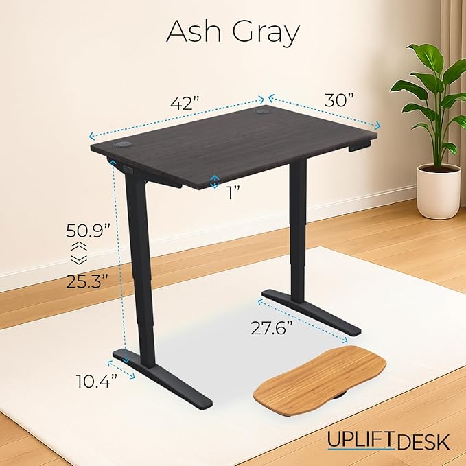 UPLIFTDESK V2 2-Leg Ash Gray Laminate Wood Standing Desk – Adjustable Height, Advanced 1-Touch Memory Keypad, Under Desk Cable Management, Wire Grommets & Rocker Board (Black-Frame, 42 x 30 inch)