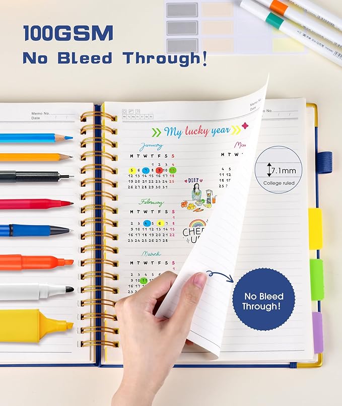 Hardcover Spiral Notebook journal with Removable Dividers Tabs, 300 Pages Leather 5 Subject Notebook College Ruled, 100GMS A5 Notebooks for Work School Note taking,Lined Journal for Women,A5 Navy