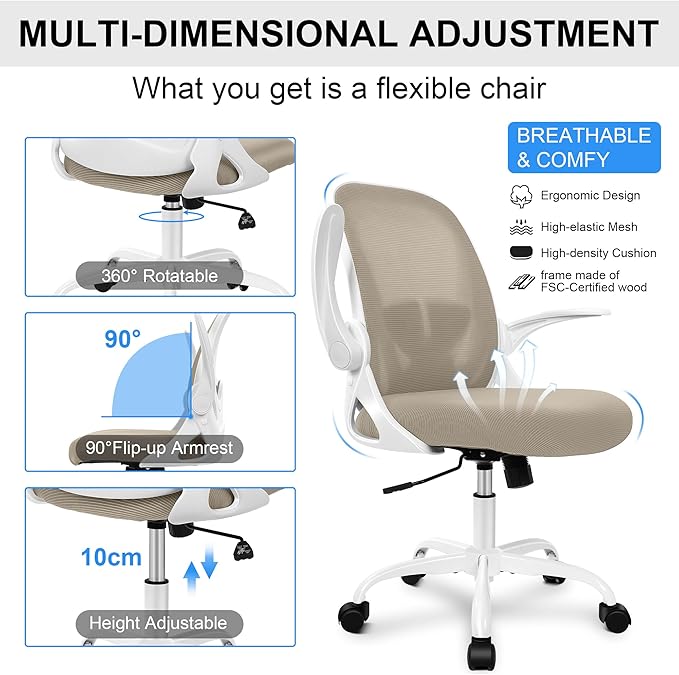 Primy Office Chair Ergonomic Desk Chair with Flip up Armrests Swivel Breathable Desk Mesh Computer Chair with Adjustable Lumbar Support and Height for Conference Room (Khaki)