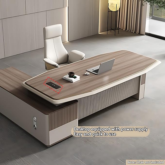 Modern Executive Desk - Solid Wood Office Desk with Hidden Electrical Hole & 2 Drawers, L Shaped Office Table with Desktop Power Supply (141.7IN)